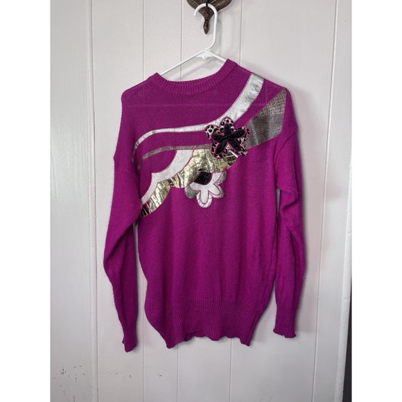 anytime blitz Sweaters - Anytime Glitz Vintage 80s 90s Women's Sweater Magenta Knit Large Silk Blend Bead